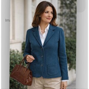 Talbots 100% Merino Wool Knit Sweater Blazer Size Large Blue Teal Career Work